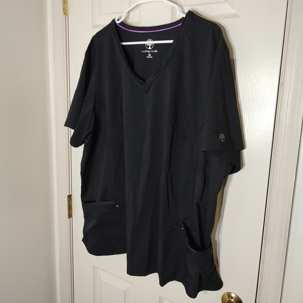 Healing Hands Black V-Neck Scrub Top with Purple Trim